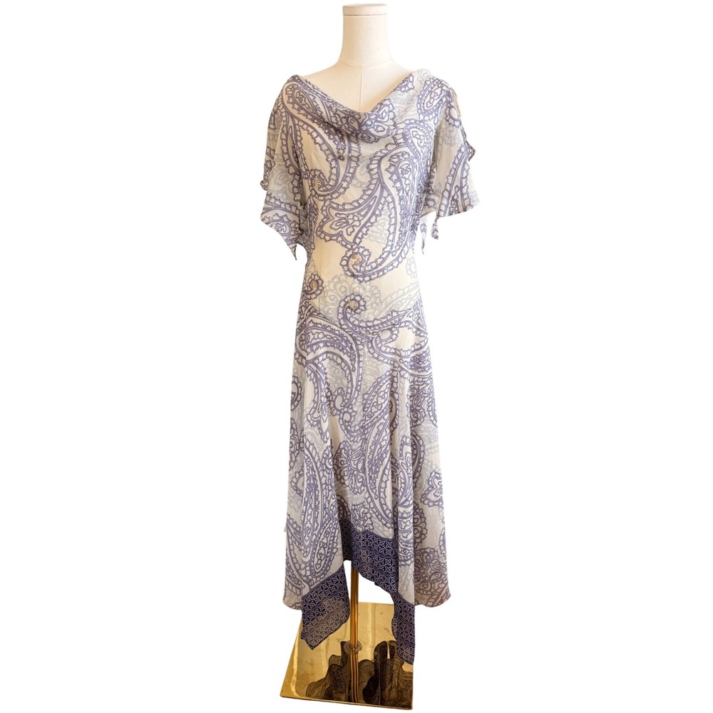 Signature by Robbie Bee Paisley Cowl Neck Handkerchief Hem Dress Purple/blue 14